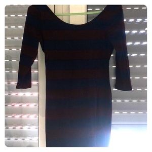 Charolette Ruse dress, wide blue and maroon strips